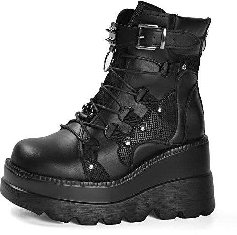 Gothniero Goth Plateau-Stiefel Schwarz Gothic Chunky Heel Stiefel für Damen Combat Knöchel Keil Stiefeletten mit seitlichem Reißverschluss zum Schnüren Größe 3UK-8UK, schwarz 1, 39.5 EU