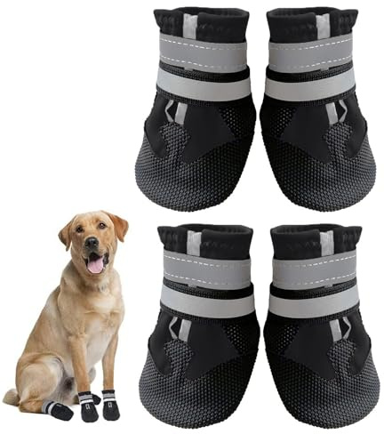 Dricar Bottes Chien, Ensemble de 4 Chaussures pour Chiens Antidérapant, Bottes de Protection pour Chien Imperméable pour Chiens de Taille Moyenne et Grande (S, Noir)