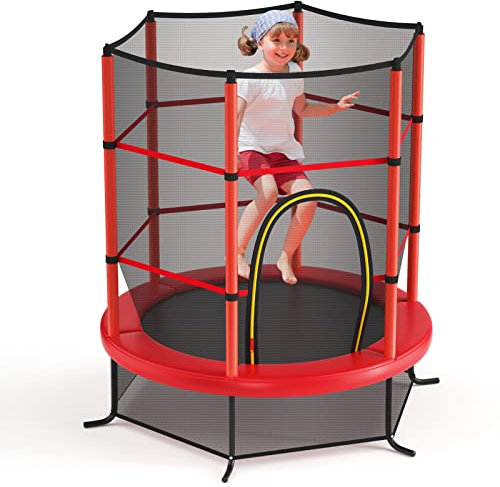 GYMAX Trampoline Extérieur Enfants ∅165CM avec Filet de Sécurité, Conception sans Couture Entre Filet et Tapis, 6 Poteaux Recouvert de Mousse, Cadre en Acier, Charge Max 135KG (Rouge)
