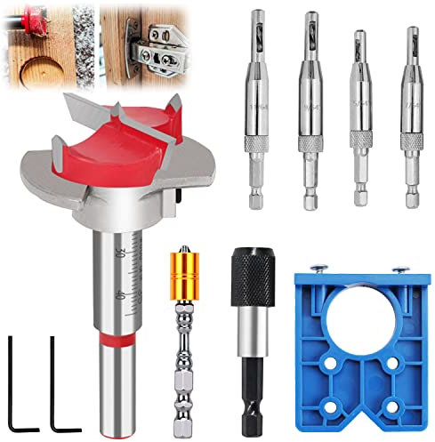 8 Piezas Kit de Guia Taladro, 35mm Brocas Fresadoras para Madera y Bisagras de 5/64 7/64 9/64 11/64, Plantilla Cazoleta, para Todo Tipo de Puertas de Madera
