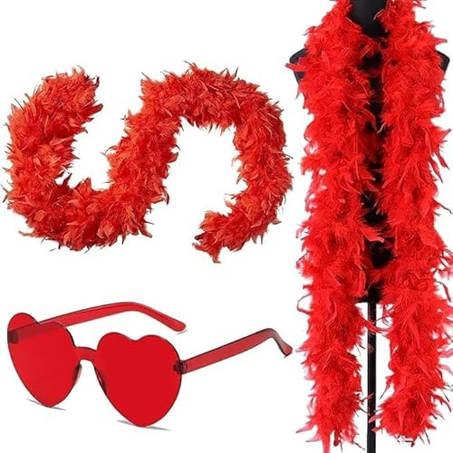 FISAPBXC Boa di Piume da Donna, Tacchino Sciarpa di Piume Accessorio per Costumi con Occhiali da Sole Senza Cornice a Forma di Cuore per Cosplay, Carnevale, Festa a Tema(200CM, Rosso)