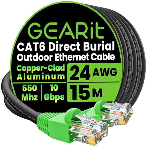 GearIT Cable Ethernet Cat6 para exteriores (15 metros) recubierto de cobre CCA, impermeable, entierro directo, en tierra, cubierta UV, POE, red, Internet, cable Cat 6, Cat6, 15 m