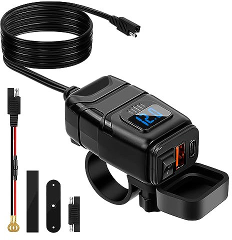 Presa USB Moto, QC&PD 3.0 USB+Type C Presa USB per Auto Impermeabile, 12V/24V Caricabatterie Auto Ricarica Rapida con Interruttore e Voltmetro LED per Auto Marine Motorcycle Camper SUV (Luce Blu)