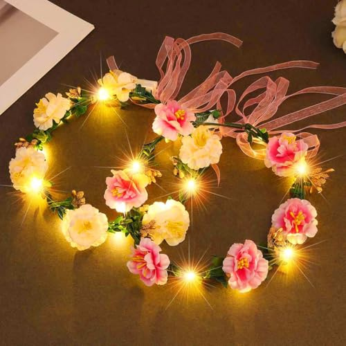 Zoestar Lot de 2 Bandeaux lumineux à couronne de fleurs Bandeau de couronne de cheveux LED Coiffe de guirlande de festival de coiffe florale de mariée pour femmes et filles