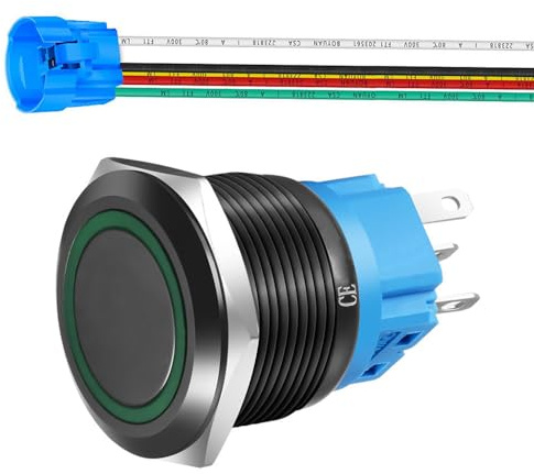Gebildet 22mm Momentan Edelstahl-Taster, 110V–220V, LED, 1NO 1NC, SPDT, ON/Off, Wasserdichter Knopf mit Kabelsteckdose (Grün LED und Schwarzes Gehäuse)