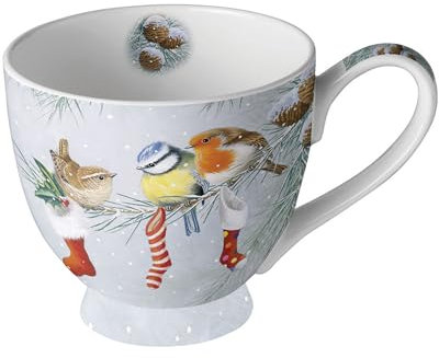 Ambiente Tasse Mug 0,45 l Fine Bone China Jumbotasse Mug Becher Kaffeetasse Teetasse Weihnachtstasse Vögel Zweige Winter Christmas socks