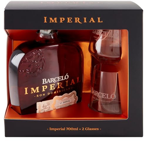 Ron Barceló Imperial – Idea Regalo, 2 Bicchieri da Degustazione e 1 Bottiglia di Rum Ambrato da 700 ml, Invecchiato Naturalmente fino a 10 anni, Rum Dominicano Pluripremiato