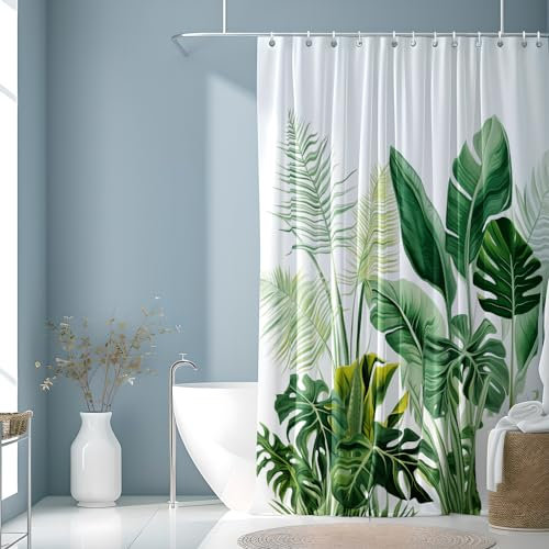 JINGYOU Duschvorhang, Antischimmel Duschvorhang, Waschbar, Grün Pflanzen Wasserabweisend Badewanne Vorhang aus Polyester,Badewannen Hotelvorhang,Beschwerter Saum,Schnell Trocknend,178x200cm