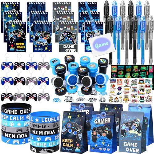 vamei 84Pcs Videojuegos Cumpleaños Regalo de Fiesta Niños Piñatas Relleno Bolígrafo Tinta Invisible Libreta Sellos Llavero Controlado Videojuegos Pulsera de Silicona Pegatinas Luminoso Bolsa Regalo