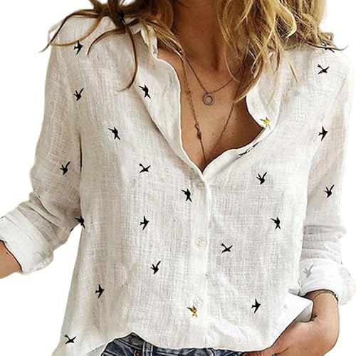 flintronic Women's Blouse, Long Sleeve V-Neck Shirts, Casual Top with Roll-Up Sleeves, Button-Down Blouse, Cotton Linen Ladies Autumn Tops-Print M