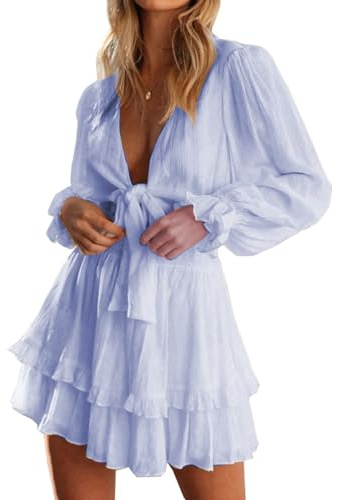 PHENHU Vestito da Donna Abito Corto Casual con Scollo a V Profondo a Maniche Lunghe con Nodo sul Davanti