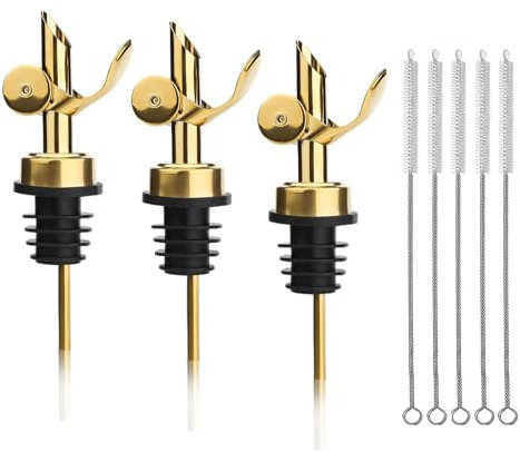 HAPPOW 3 beccucci per bottiglie di olio, versatore per olio in acciaio inox, per versare con precisione alcol, olio d'oliva e aceto, con 5 spazzole per la pulizia (beccuccio oro)