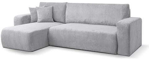 VENASI MÖBEL Ecksofa mit Schlaffunktion Luna L, Hellgrau Cordstoff | Sofa mit Bettkasten, Schlaffläche 125 × 200 cm, inkl. Kissen & Aufbauanleitung
