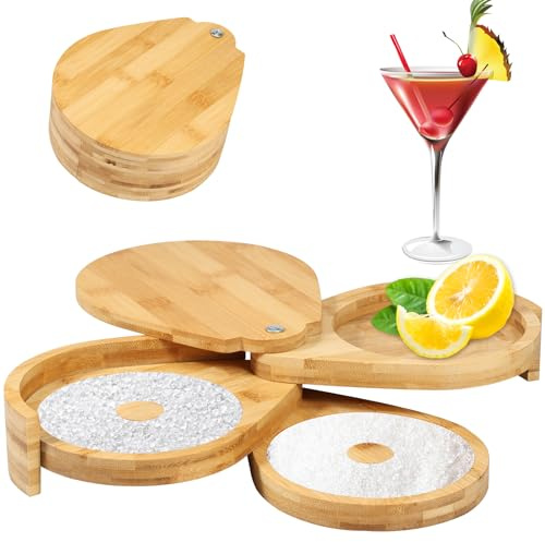 Sutowe Margarita Salt Rimmer Set 3 Tiers Bar Glass Rimmer Bamboo Cocktail Salt Rimmer with Lid Salt and Sugar Box Spice Container Bartender Tool for Bar House Party Bloody Mary Manhattan Drinks