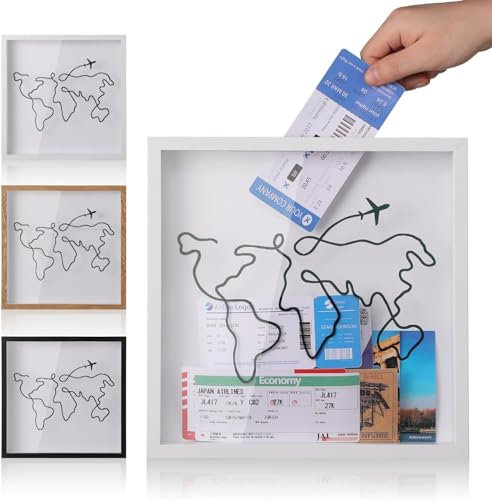 MUSLONG 3D Bilderrahmen, 30*30cm Reise Abenteuer Archivbox Reisebox für Erinnerungen, Objektrahmen Shadow Box mit Glasscheibe Ticket Box, Erinnerungsbox, Memory Box, Holzrahmen Reisetickets Box