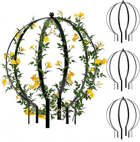 HEYTIMI 4 PCS Large Metal Round Trellis for Climbing Plants, Heavy Duty Thick Rustproof Obelisk, Garden Sphere Frame for Potted Roses Vines, Outdoor Garden Decor, Easy Assembly (18.5 x 15)