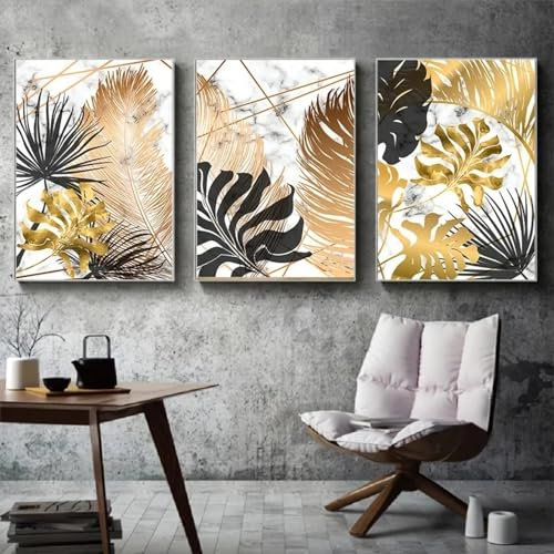 RDRDtbtr Nordisches botanisches Blattgold-Leinwandgemälde mit Marmorstruktur Poster und Kunstdrucke moderne abstrakte Wand Bilder Bild Wohnzimmer Heimdekoration 50 x 70 x 3 cm ungerahmt