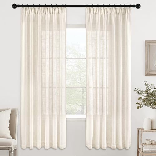 MIULEE Gardiner med rynkband, öglehalsduk, voilegardin, modern linnelook, halvtransparent för vardagsrum, sovrum, skjutgardiner, set om 2, transparent, naturlig linne, vit, 160x140 cm