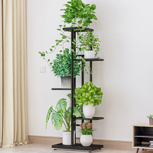 Cachpib Étagère d'angle à 5 niveaux pour pots de fleurs d'intérieur en métal pour 6 plantes, support de présentation pour terrasse, jardin, salon, balcon, chambre à coucher, gris foncé avec argent