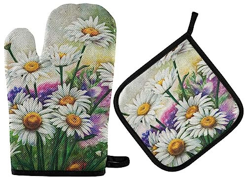 Vikeiac Ofenhandschuhe und Topflappen, 2-teilig, hitzebeständig, rutschfest, waschbar, Küchenofenhandschuh zum Kochen, Backen, Grillen, Bemalen von Blumen, Kamillen