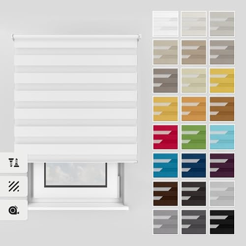 Estika Doppelrollo mit Bohren 140x150 cm Farbe: Weiß, Rollo Deckenmontage und Wandmontage Fenster rollos für innen, Jalousien Fenster, Tür Rollo