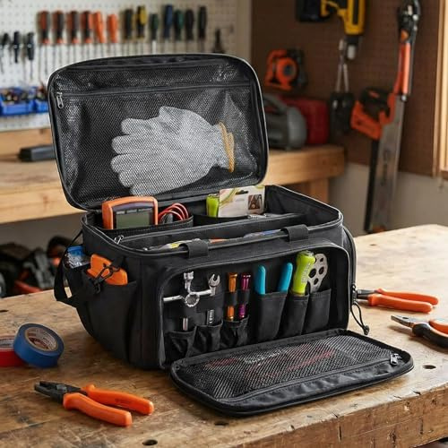 Tool Bag for Men, Multifunctional Tool Storage Organiser with Padded Handle and Anti-slip Bottom, Technicians Tool Bag Organizer for Repairman, Electrician, Carpenter