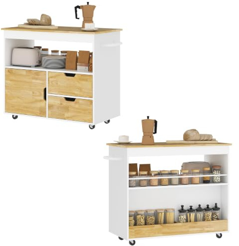 HOMCOM Küchenwagen mit Arbeitsplatte Schubladen Griff 107x50x85cm Eiche | Servierwagen, Rollwagen, Küchenschrank Soft-Close-Tür, Kücheninsel, Offenes Fach, für Büro