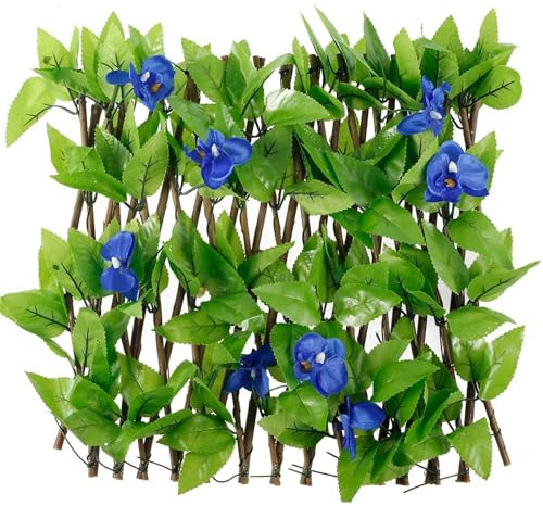 VEKRUTIKE Siepe Finta per Recinzione Pannello di Recinzione Estensibile for la Privacy, 40x180 cm, con Foglie Artificiali, siepe di edera Finta e Recinzione con Fiori(Blue)