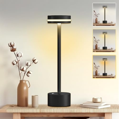 Kimuwote LED Tischlampe Kabellos, Dimmbare Tischleuchte Akku LED mit 3 Farbtemperatur, Aluminium,Touch Lampe mit USB-C Aufladbar für Outdoor Nachttisch Esstisch Schreibtisch(Schwarz)