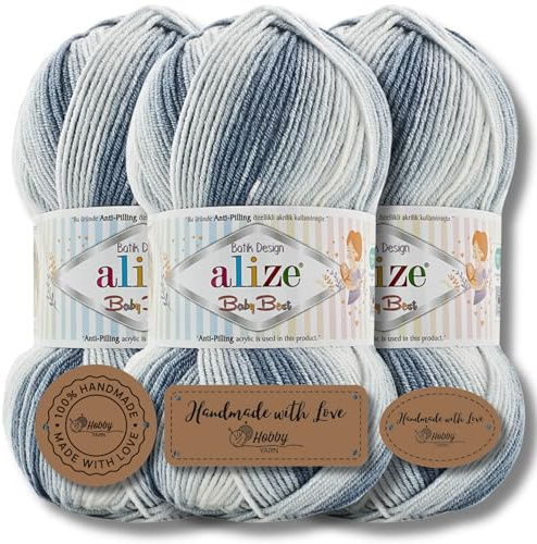 Hobby YARN 3x Etikettenlabel mit Alize Baby Best Batik 3x 100g als Set, Antipilling Babywolle Acryl Uni & Batik Strickgarn zum Häkeln und Stricken Farbverlauf (7542)
