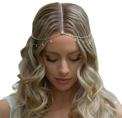 Cadena de cabeza de boda con diamantes de imitación brillantes, tocado ajustable plateado para mujeres y niñas, accesorios para el cabello de cristal bohemio para novia, graduación, festival, fiesta