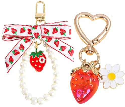 ALUNME Lot de 2 Porte-clés Fraise & Marguerite, Design Perle & Noeud, Accessoire Mignon pour Sac & Clés, Cadeau pour Femmes