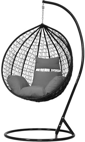 FurniDe24 Hängesessel Kokon mit Gestell aus Polyrattan | Hängeschaukel für Garten & Terrasse | Belastbar bis 130kg | Hängestuhl Indoor Outdoor | Korbsessel für Balkon & Wohnzimmer (schwarz)