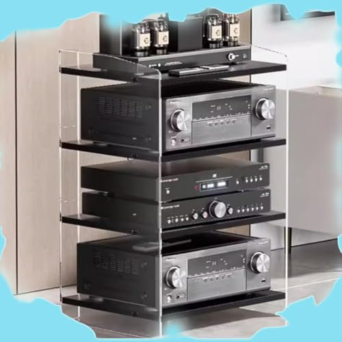Verstellbares 3/4-lagiges Audiokomponenten-Rack aus Acryl – Medienaufbewahrungsständer für HiFi-Geräte, Stereoregale, transparent und schwarz, 40 x 52,2 x 79,4 cm – perfekt für Heimkinosyste
