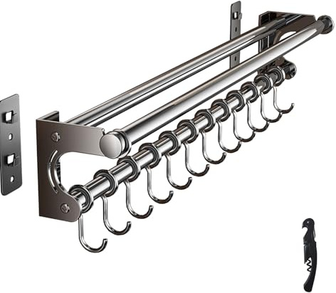 VaNaene küchenhalterung für küchenhelfer, Hängende Topf Rack, Platzsparende Küchenutensilien Rack mit Haken, magnet messerhalter, küchen organizer wand stange (Grey 60CM)