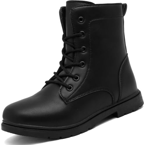 situkeke Ankle Boots for Boys Girls Waterproof Side Zipper Lace Up Kids Black School Boots Leather Walking Boots High Top Ankle Booties,Black EU38