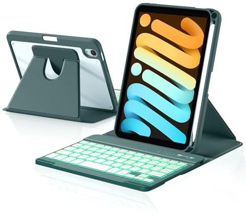Harvopu Funda con teclado para iPad mini 7 A17 Pro/6 Generation 2024/2021 de 8.3 pulgadas, cubierta trasera transparente giratoria de 360° con teclado desmontable retroiluminado de 7 colores, soporte