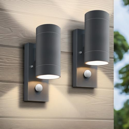 HomeyHoney Aussenlampe mit Bewegungsmelder, Up and Down Außenlampe GU10 | IP65 Wasserdichte Wandleuchte Aussen, Aluminium Wandlampe Aussen für Haustür, Eingang, Terrasse, 2 Stück, Anthrazit