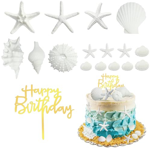 Muscheln Tortendeko, 17 Stück Sommer Kuchendeko, Seestern Cake Topper, Happy Birthday Kuchen Deko, Tortendeko Geburtstag für Sommer Strand Thema Party, Geburtstag Party