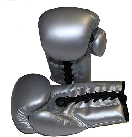LISARO Boxhandschuhe mit Schnürung für das Training und Sparring im Boxen, Kickboxen, Muay Thai aus Kunstleder Farbe Silver 10 oz mit Schnur