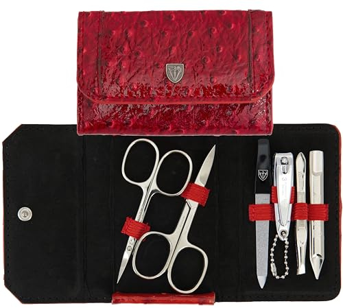 DREI SCHWERTER Germany Maniküreset Nagelnecessaire 'Udine' - 6-tlg. aus weinrotem Kunstleder, Inhalt: Nagelschere, Hautschere, Pinzette, Saphirnagelfeile, Nagelknipser, Nagelreiniger/Nageldrücker