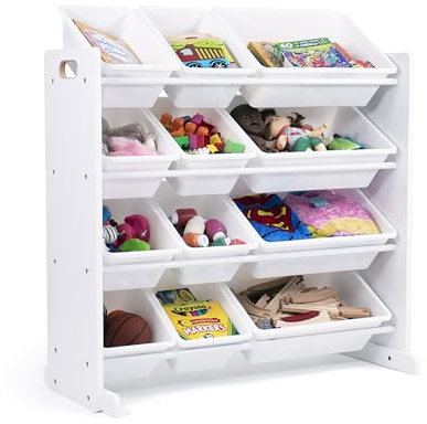 Humble Crew WO565 Kinderregal - Spielzeugregal-Organizer aus Holz mit 12 Aufbewahrungsboxen, Weiß/Weiß