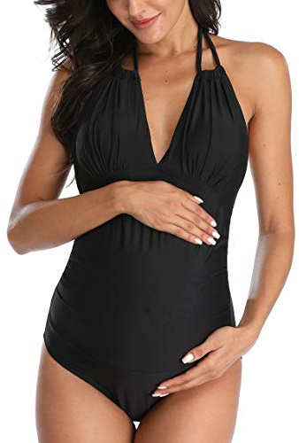 EastElegant Mamma baddräkt Graviditetsbaddräkt i ett stycke V-ringad graviditet badkläder grimma moderskap bikini, Svart,L