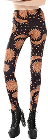 Fioeyr Damen Leggings mit Stretch-Druck, volle Länge, elastische Leggings, Strumpfhose, Workout, Fitnessstudio, Yoga, dehnbare Hose, Stern Mond Sonne Braun, One size