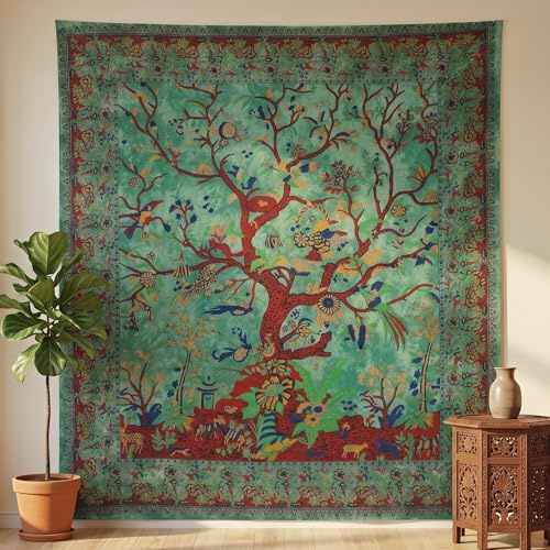 THE ART BOX Tapestry Green Tree of Life Wall Hanging – Indian Cotton Twin Bedspread, Picnic Sheet, Blanket, Wall Art for Bedroom Décor (82x54 Inch)