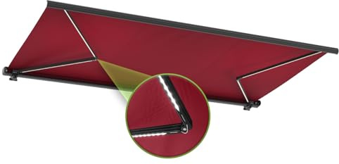 empasa Elektrische Vollkassettenmarkise Profi mit LED Beleuchtung Markise | Kassettenmarkise Gelenkarmmarkise Sonnenschutz mit Fernbedienung, komplett vormontiert, Farbe:weinrot, Größe:300 x 250 cm