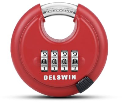 DELSWIN Outdoor Combination Padlock - 4 Digit Heavy Duty Disc Lock with Hardened Shackle,Combo Padlock for Gate,Storage Unit,Fence(25/64 Shackle, Red,1Pcs)