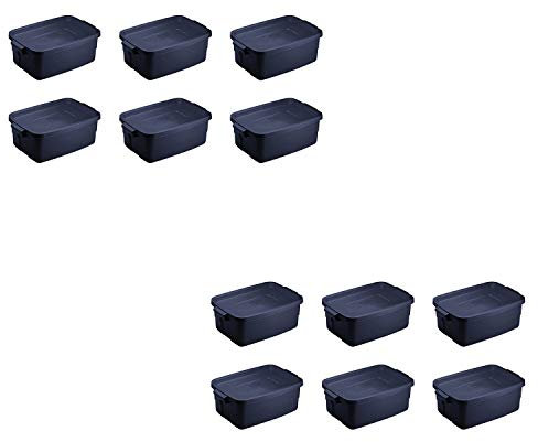 Rubbermaid Roughneck 3 Gallon Rugged Plastic Reusable Stackable Home Storage Totes with Lids, Dark Indigo Metallic (12 Pack)