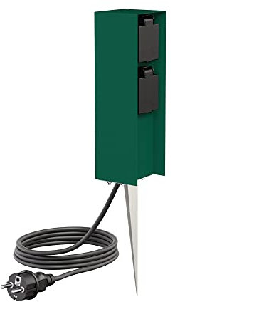 ledscom.de Columna de Enchufe para jardín POMI con Pica de Tierra y 2m de Cable para Exterior, IP44, 2 Veces, Verde, Angular, 23cm