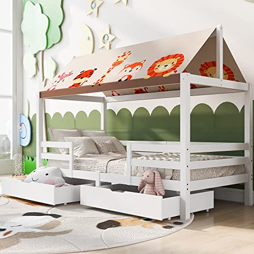 GBHJJ Kinderbett Hausbett 90x200 cm mit Rausfallschutz und Stoffzeltaufsatz, Lattenrost und Dach,mit Stauraum 3FT Kinder-Einzelbett Jugendbett- Weiß